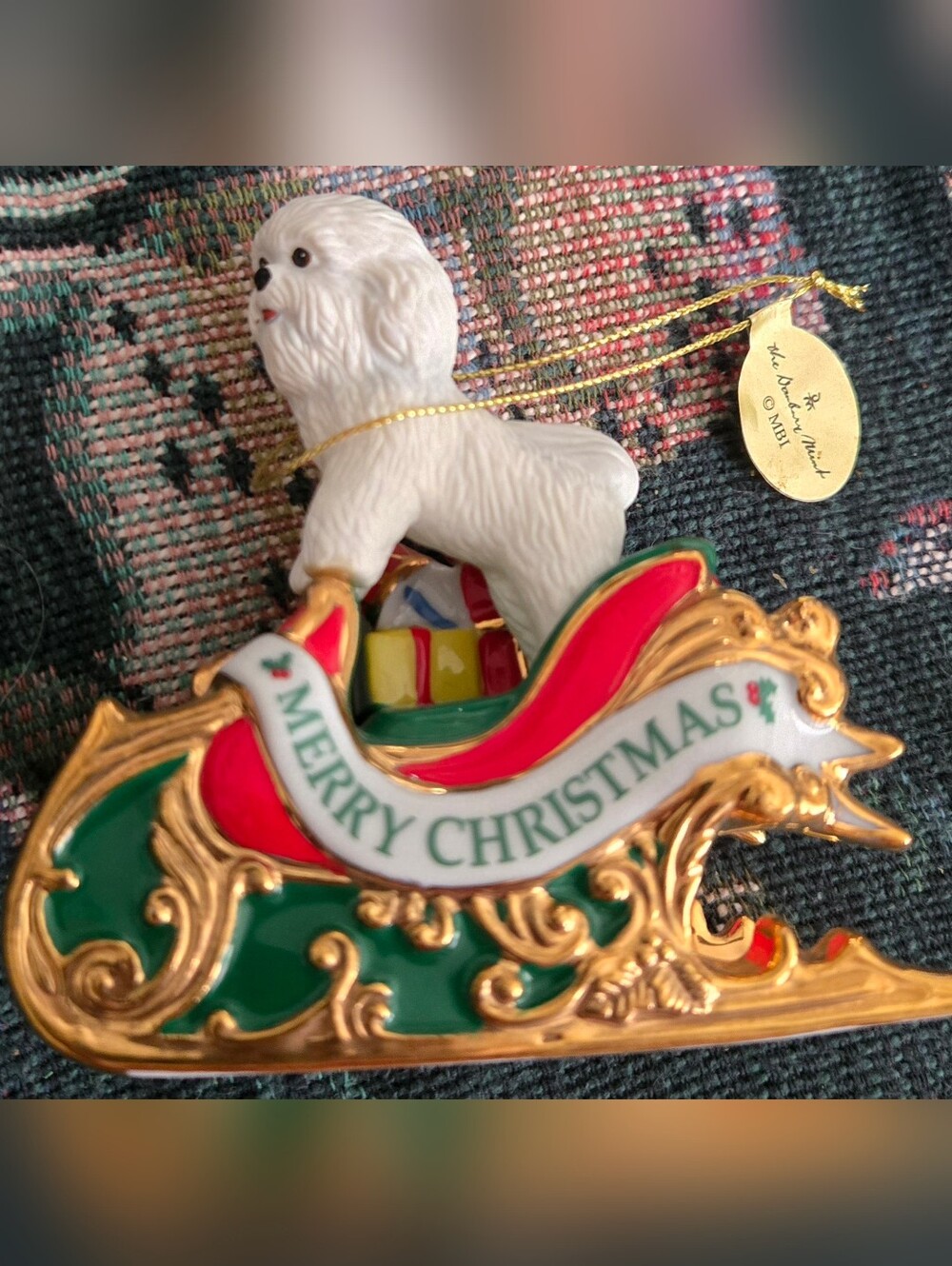 Vintage 2006 Bichon Frise Dog Sled Ornament